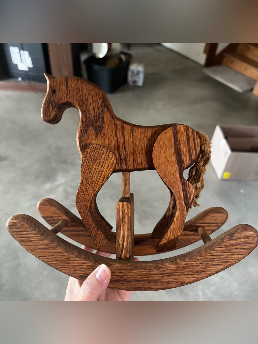 Wooden Rocking Horse Figurine Brown Stained Wood Yarn Mane/Tail 9.75” x 9”